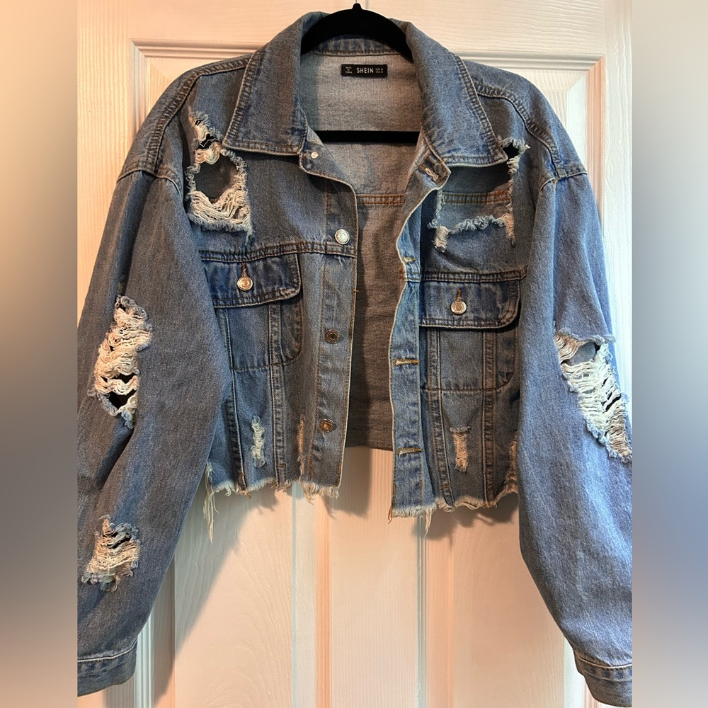 Oversized crop distressed denim jacket